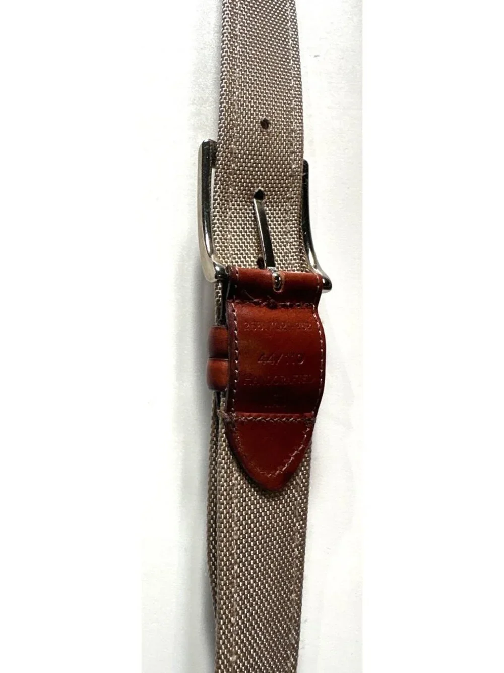 Brown Leather & Canvas Handcrafted Belt Made In Italy With Silver Buckle Size 44
